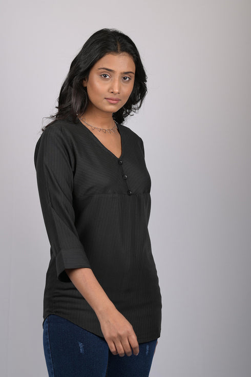 V neck top for women western party wear with button Black Striped V-Neck Top (OTL-TPS1063)